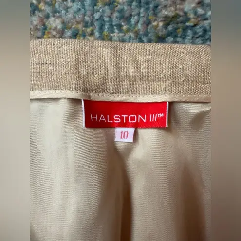 NOS 80s vintage Halston III linen silk blend pocket midi skirt, size 10 Tan