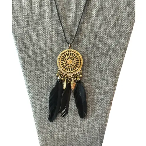 Black Feather Yellow Crystal Boho Gold Dreamcatcher Necklace
