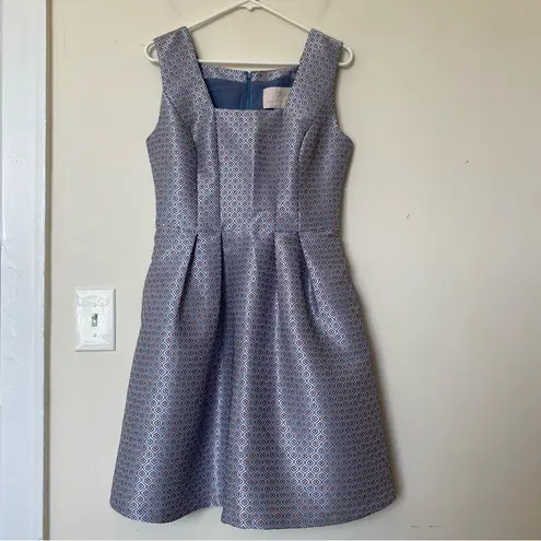 Gal Meets Glam Cosette Jacquard Fit & Flare Dress Blue/Silver/Brown Sz 6 Small