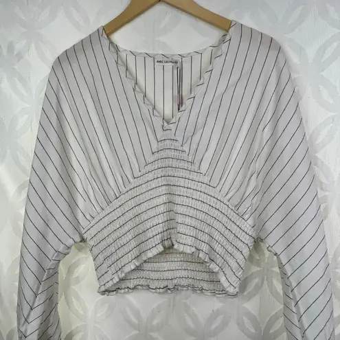 Avec Les Filles Stripe V-Neck Smocked Cropped Top Size L NWT $79