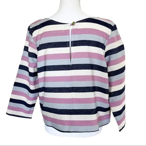 Tribe Alive NWT Striped Boxy Cut Cotton Round Neck Casual Pullover Top Pink Blue Size Large