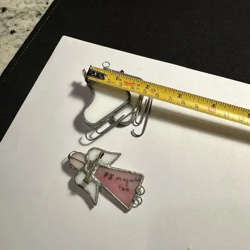 Handmade Glass Christmas Holiday Brooch Pins Lot Of 2 Ice Skates / Angel