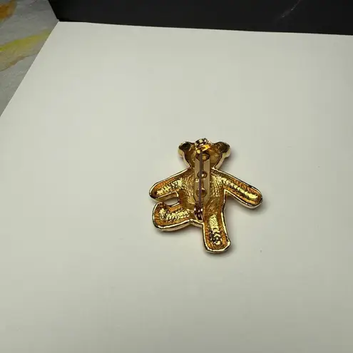 Teddy Bear Rhinestone Brooch Pin Gold Tone Signed Aai