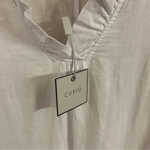 cupio  NEW v neck ruffle, coastal beachy white pocket dress, linen blend small