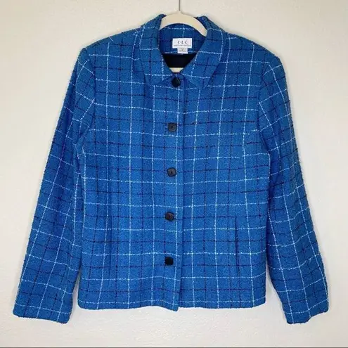 Cricket Lane Collection Wool Blend Size 12 Textured Blue Plaid Blazer Ja… Blue