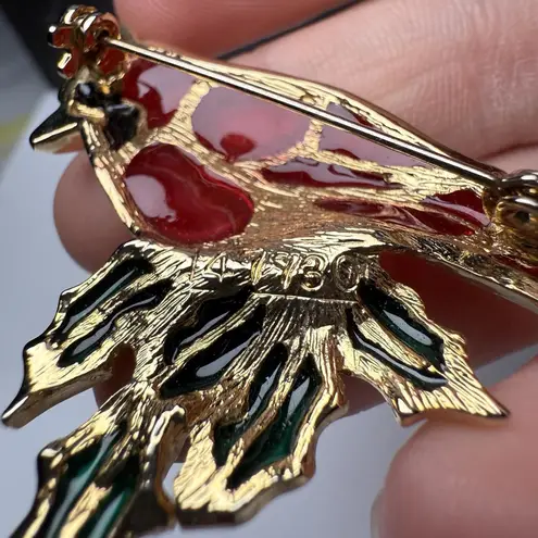 Red Cardinal Bird Brooch Pin Stained Glass Appearance Plique a Jour Style 47730 Gold