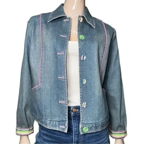 SPANNER Darling Women’s Size 8 Pink Trim Denim Stripe Buttons Jean Jacket Blue