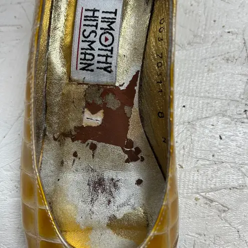 Timothy Hitsman Gold Crocodile Embossed Pointed Toe Heels Women's Size 8
