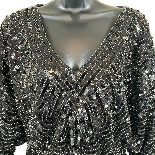 Beulah Black Sequin Embellished Peplum Blouse - Style