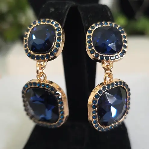 Statement Gold and Navy Blue Cushion Gem Collar Necklace and Earrings Set