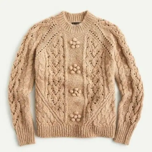 J.Crew  Brown Alpaca Wool Blend Cable Knit Pointelle Popcorn Flowers Sweater