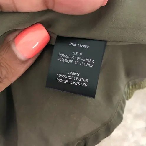 Greylin | Silk Olive Green Metallic Ruffle Dress Sz S