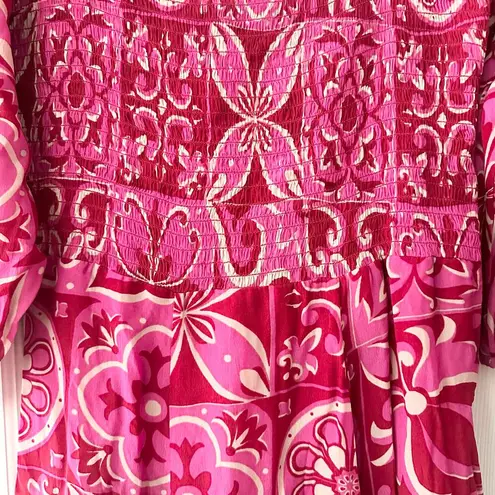 Olivia James The Label Pink Bridget Midi Smocked Puff Sleeve Dress Tile Boho XS