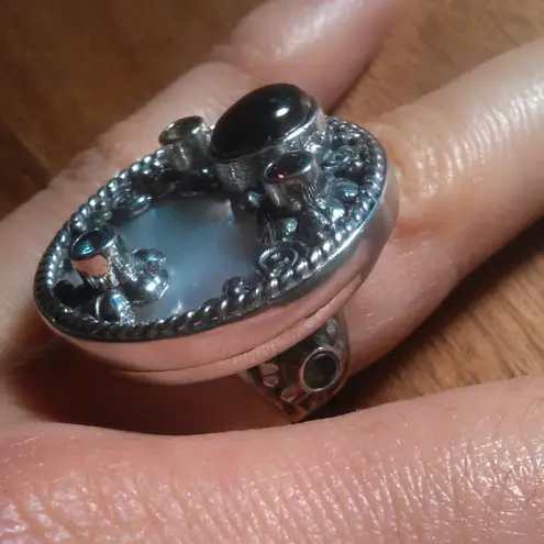 Shungite Multi Gemstone Mother of Pearl Sterling Silver Cocktail Ring (Size 7)