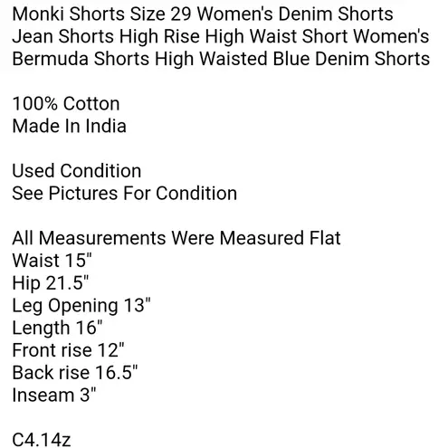 Monki Shorts Size 29 Women's Denim Shorts Jean Shorts High Rise High Waist Short Women's