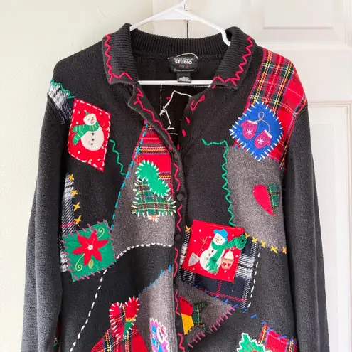 Vintage Christmas Cardigan Elbow Patch Black Plaid Patchwork M Studio Joy Size M