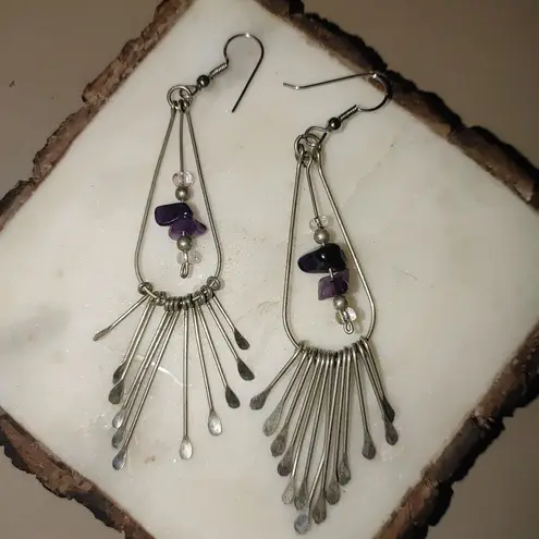 Long Vintage Silver Dangle Earrings Purple Amethyst Pearl Beads Fringe