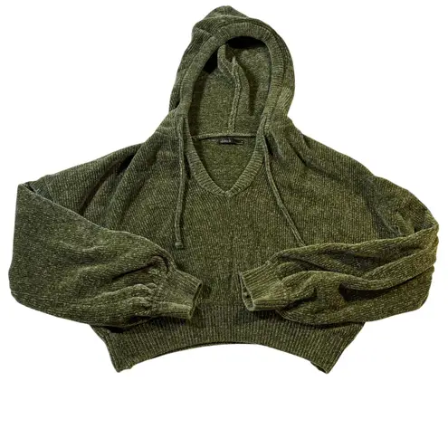 Olive Green Nikka K Chenille Knit V Neck Drawstring Hooded Crop Pullover Hoodie Size M