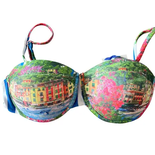 ENDLESS MOON Underwire Push Up Bikini Sz S Hi Rise Bottom Italy Floral Scene NEW Blue