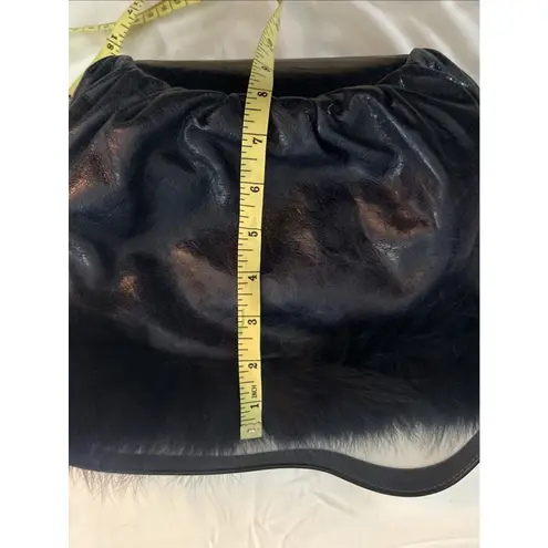 Vintage Castellari Navy Blue Leather & Fur Shoulder Bag, Y2K Dark Blue Italian