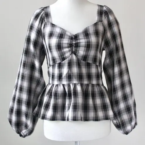 Pleione Black White Gingham Sweetheart Smocked Peplum Crop Top Extra Small