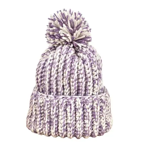 Crochet Handmade Chunky Ribbed Beanie Cream Purple Pompom Warm Hat Cap