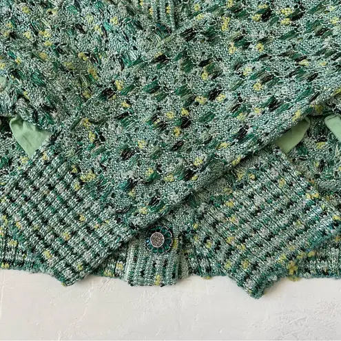 St. John Couture Green Teal Tweed Knit Jacket Blouse with Bows Size L