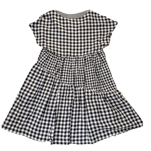 Anthropologie Dress XS Boho Navy Gingham Short Sleeve Tiered Mini Cottage Blue
