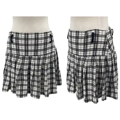 Vintage 90s Plaid Tartan Pleated Mini Skirt Cotton Knit White Black Womens 10/12