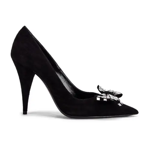 Saint Laurent Kiki Bow Studded Suede Leather Pointed Toe Pumps Heels Black 38.5