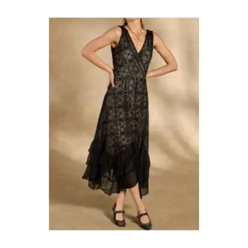 Sundance Champs De Fleur Lace Ruffle V-Neck Black Maxi Boho Dress Womens LARGE