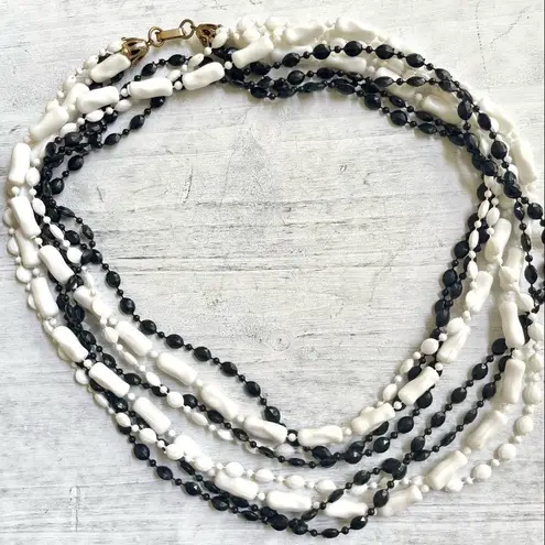 Vintage black and white beaded multi strand long necklace