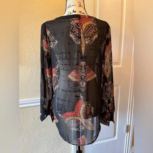 Daniel Rainn Split Neck Long Sleeve Sheer Tunic Blouse Black Scarf Print Size M