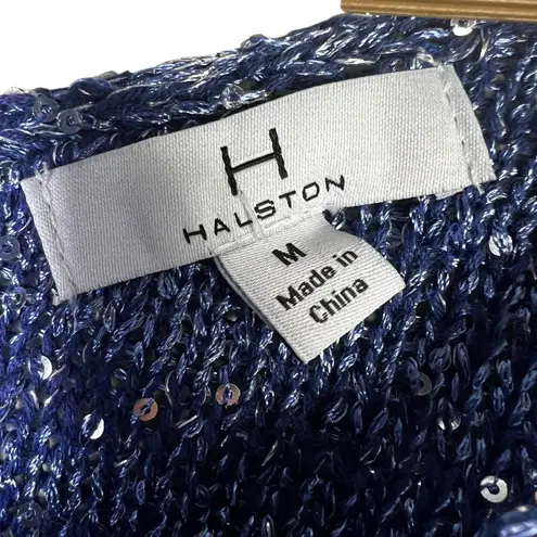 H by Halston H Halston Sequin Open Knit Sweater Womens M Blue Glam Shiny Coastal Grandmother