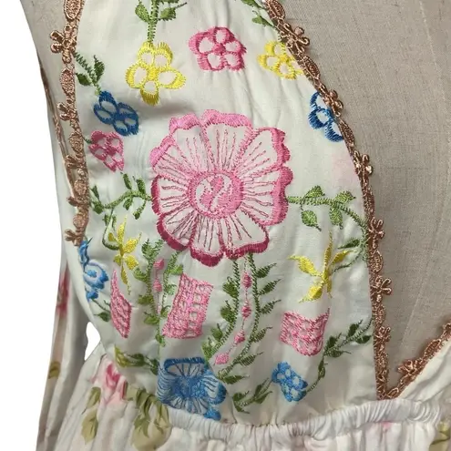 2seeyou White Floral Embroidered Deep V Neck Elastic Waist Maxi Dress Size Small