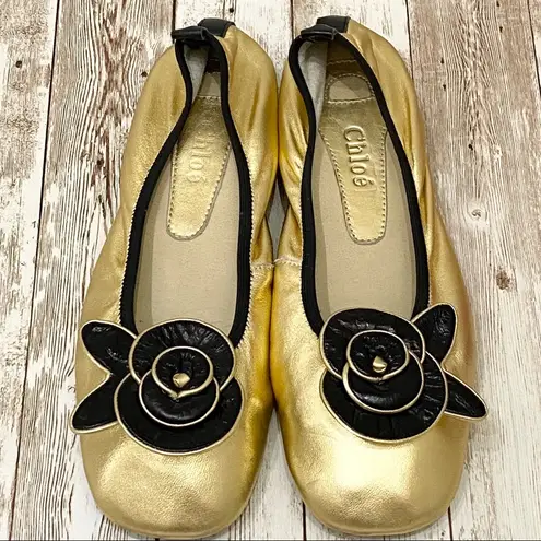 Chloé Metallic Gold Flower Soft Leather Ballet Flats 10