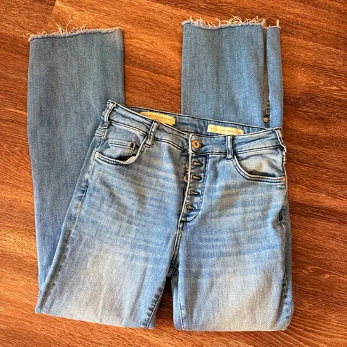 Pilcro and the Letterpress Pilcro High Rise Skinny Bootcut Jeans Button Fly Raw Hem Slit Leg Anthropologie