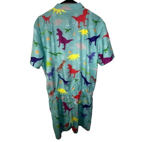 Funny Guy Creations Rainbow Dinosaur Patterned Zip Up One Piece Romper Blue Size L
