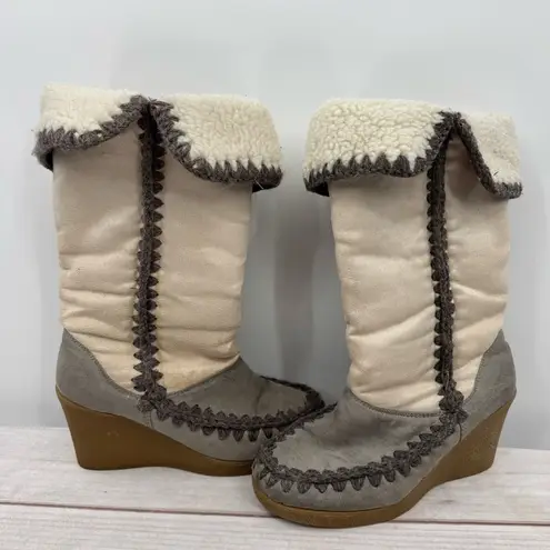 Vintage Y2K 90s American Eagle Wedge Heel Faux Suede Boots Crochet Midcalf Boho Gray Size 6.5