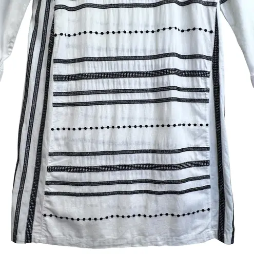 For Cynthia Linen Blend Striped 3/4 Sleeve Tunic Shift Dress White Black S