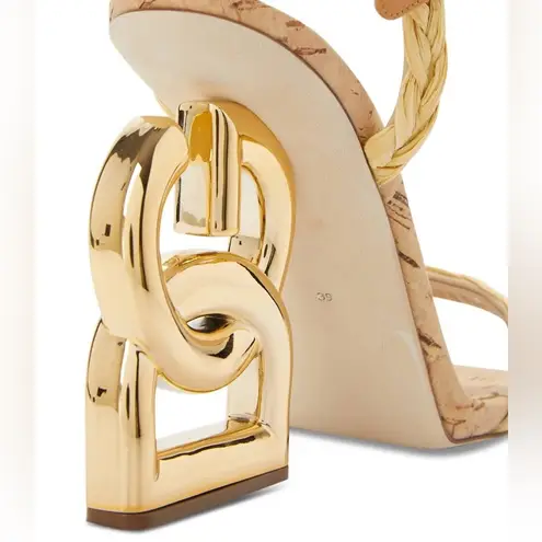 Dolce & Gabbana Logo Heel Ankle Strap Sandals in Gold Tan, New in Box