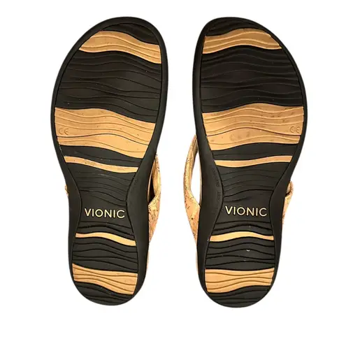 Vionic BELLA II TOE POST GOLD CORK TAN BOW FRONT SANDAL 9.5