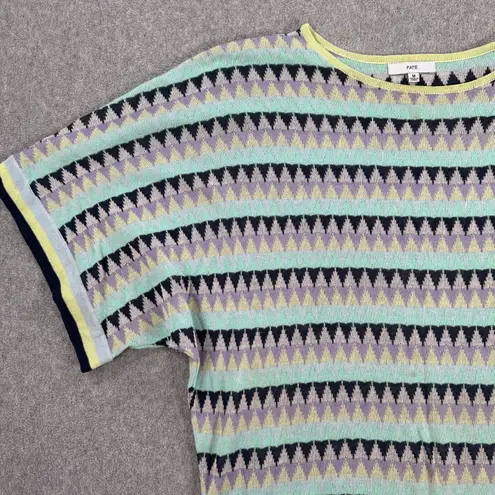 Fate Short Sleeve Tie Waist Knit Top Women's Medium Blue Green Stripe Linen Blen