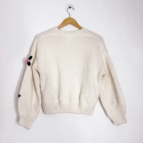 Luna Ivy Cream Knit Cardigan XS – 3D Pink Floral Appliqué Sweater