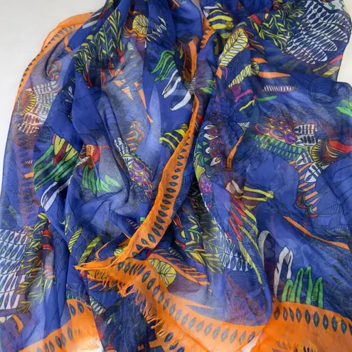 Vibrant Tropical Bird Print Lightweight Scarf Sarong Wrap Orange Fringe Blue