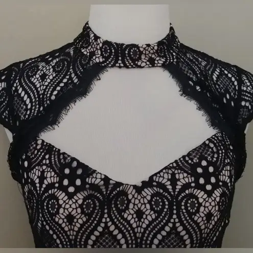 Mystic Black Lace Beige Lined High Neck Modcloth Cocktail Dress by Whimsigoth