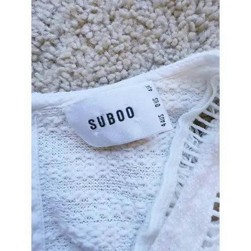 Suboo Castaway Sleeveless Crop Top White Fringe Lattice 0 Boho Western Cowgirl