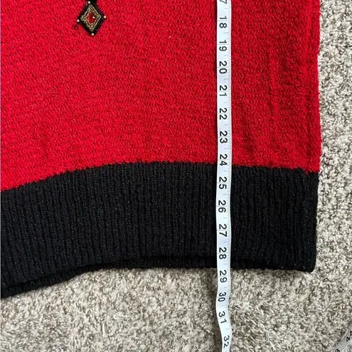 🦋 Vintage Red Black Bejeweled Sequined Fringe Oversized Sweater Retro 80s 90s