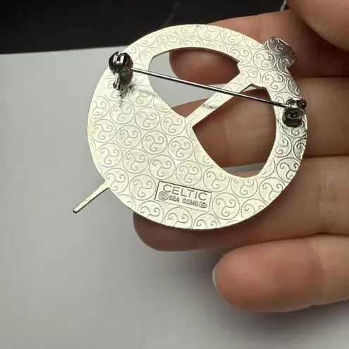 Celtic Sea Signed Blue Green Enamel Tara Brooch Pin Silver Tone