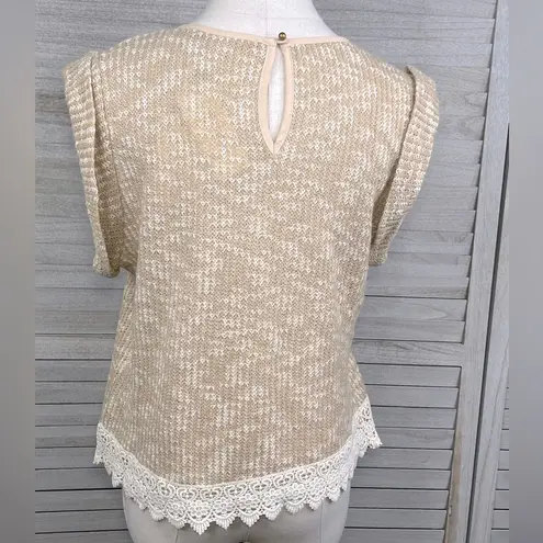 CHAMPAGNE & STRAWBERRY Short Sleeve Boho Sweater w Crochet Bodice Beige/Ivory